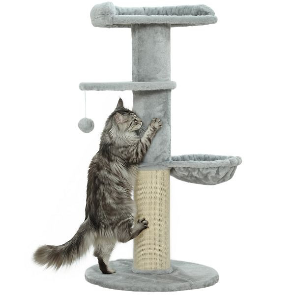 PawHut Katzenkratzbaum, Sisalpfosten, mehrstufig, Plüschstoff, hängende Kugel, Hellgrau, D30-957V00LG