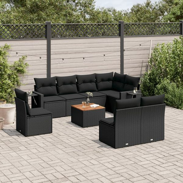 vidaXL 9-teilig Garten-Sofagarnitur mit Kissen Schwarz Poly Rattan, 3224599