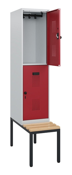 C+P Doppelstöckiger Spind Evolo PLUS, Bank, 2 Fächer, 1950x400x815mm, 7035/3003, Drehriegel, Sitzfläche Buche-Hartholz, Sitzbank, 0493505-12 S10004