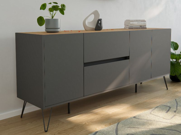Posseik Sideboard Industrial I 180cm 2 Schubladen 3 Türen Grafit/Eiche Top, PN2086X0000058DE