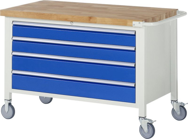 RAU Fahrbare Werkbank 8000 - Modell 8362, B1250 x T700 x H880-1080 mm, Unterbau-Container, 4x Schubladen: 2xH120, 2xH150 mm, 05-8362A2-127B4H.11