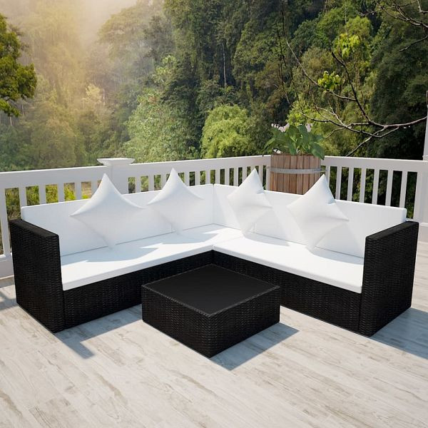 vidaXL 4-teilig Garten-Lounge-Set mit Auflagen Poly Rattan Schwarz, 42991