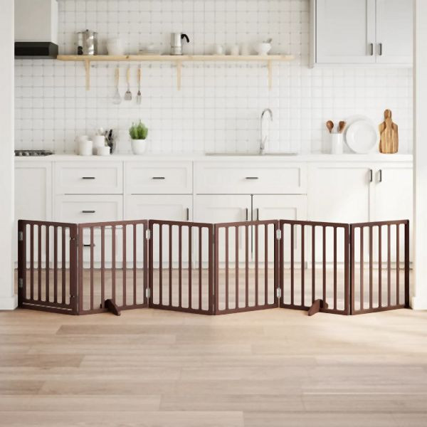 vidaXL 6-tlg. Hundetor mit Tür Faltbar Braun 300 cm Pappelholz, 352197