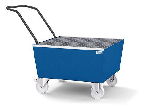 DENIOS Fahrbare Auffangwanne classic-line für 1 Fass à 200 l, blau lackiert, mit Gitterrost, 259337