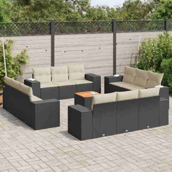 vidaXL 13-tlg. Garten-Sofagarnitur mit Kissen Schwarz Poly Rattan, UV-beständig, 3225377