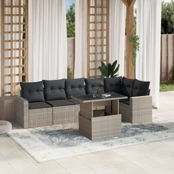 vidaXL 7-tlg. Garten-Sofagarnitur mit Kissen Hellgrau Poly Rattan, 3267292