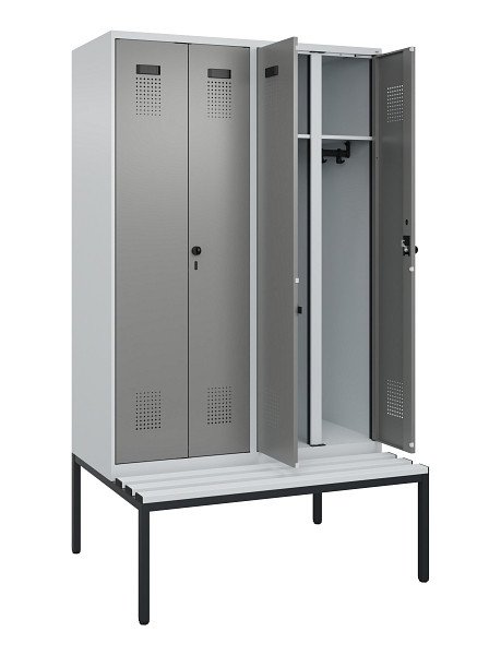 C+P Schwarz-Weiß-Spind Evolo PLUS, Bank, 4 Abteile, 2120x1200x815mm, 7035/0004, Drehriegel, Sitzfläche Kunststoff, Sitzbank, 0490527-40 S10068