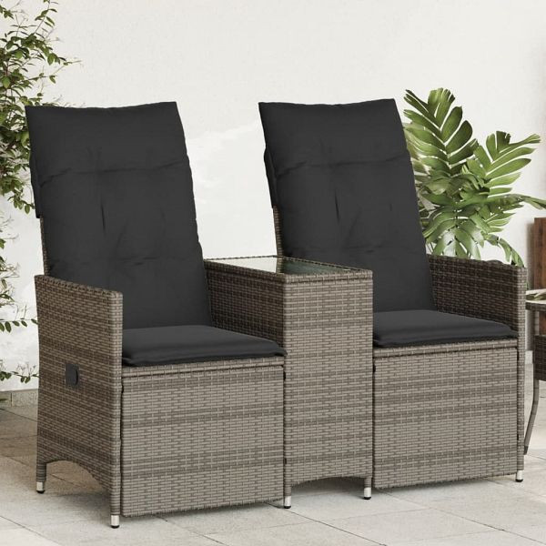 vidaXL Gartensofa 2-Sitzer Verstellbar mit Tisch Grau Poly Rattan, 365712
