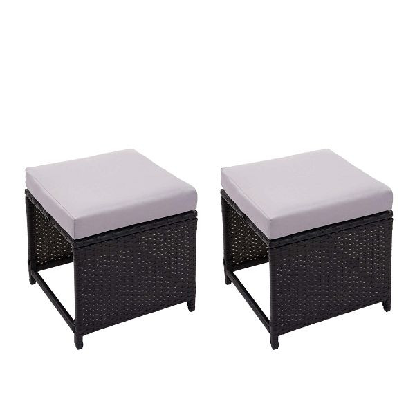 Mendler 2er-Set Poly-Rattan Hocker HWC-G16, Gartenhocker Sitzhocker, Gastronomie, schwarz, Kissen hellgrau, 70874