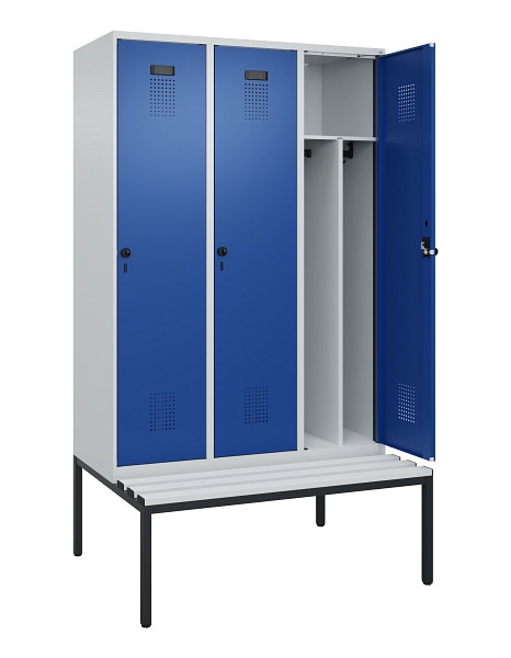 C+P Spind Evolo PLUS, 3 Abteile, 2120x1200x815mm, 7035/5010, Haken 4, Drehriegel, Sitzfläche Kunststoff, Sitzbank, Trennwand, 0490507-32F S10060