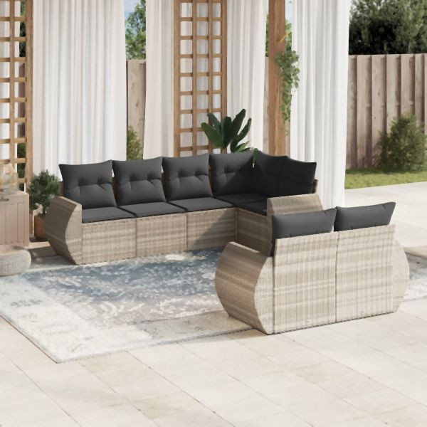 vidaXL 7-tlg. Garten-Sofagarnitur mit Kissen Hellgrau Poly Rattan, 3221611