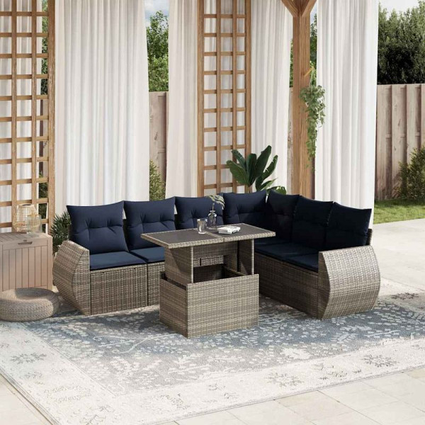 vidaXL 7-teiliges Gartensofa-Set mit Kissen, grau, Polyrattan, 3268561