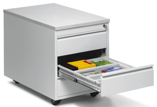 Deskin Rollcontainer BASE L, Schienenführung, Verschluss, Radfeststeller, B 460 x H 620 x T 600 mm, Stahlkorpus Lichtgrau, Dekor lichtgrau, 256433