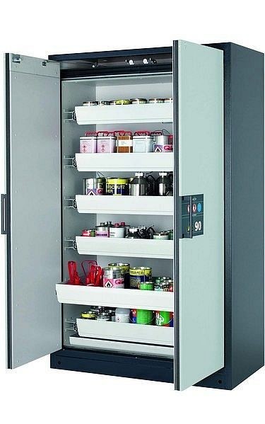 asecos Sicherheitsschrank Q-CLASSIC-90, Q90.195.120 in lichtgrau RAL 7035 mit 6x Auszugswanne Standard (Stahlblech), 30001-041-30017