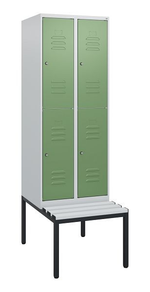 C+P Doppelstöckiger Spind Classic PLUS, 2 Abteile, 1950x600x815mm, 7035/6011, Zylinderschlösser, mit untergebauter Sitzbank, 0803505-20 S10081
