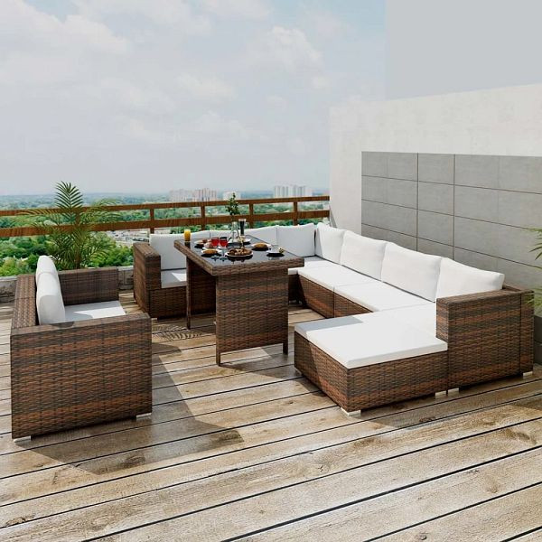 vidaXL 10-teilig Garten-Lounge-Set mit Auflagen Poly Rattan Braun, 41877