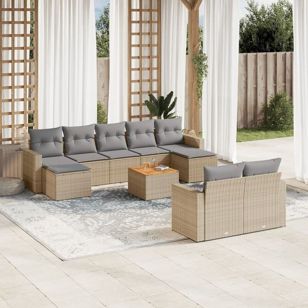 vidaXL 10-tlg. Garten-Sofagarnitur mit Kissen Beige Poly Rattan, 3224337