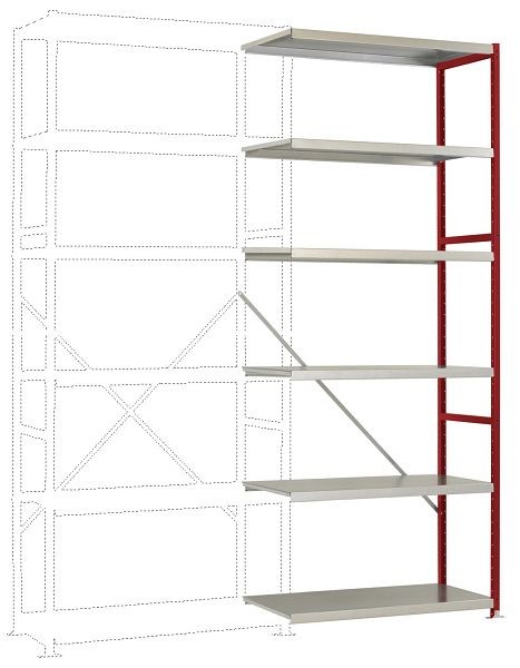 Manuflex Mittelschweres Fachboden-Steckregal Anbauregal mit 6 Stahlböden, HxBxT = 2500 x 1000 x 300 mm, rubinrot, RP1417.3003