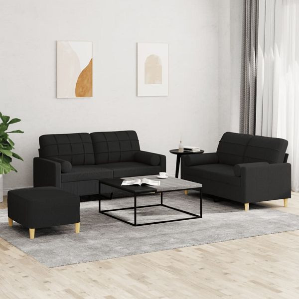 vidaXL 3-teilig Sofagarnitur mit Kissen Schwarz Stoff, 3201302