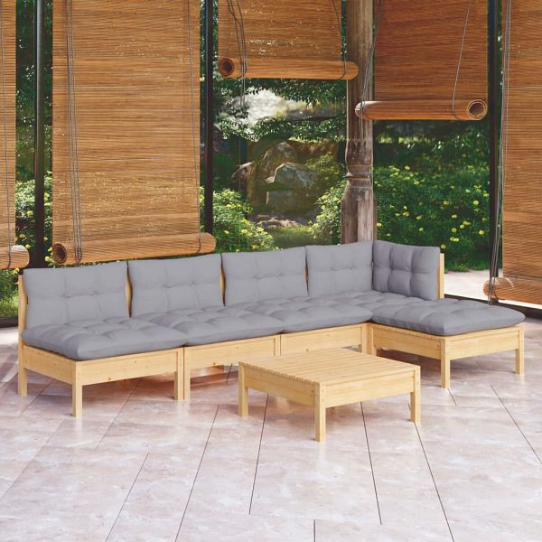 vidaXL 6-teilig Garten-Lounge-Set mit Grauen Kissen Kiefernholz, 3096339