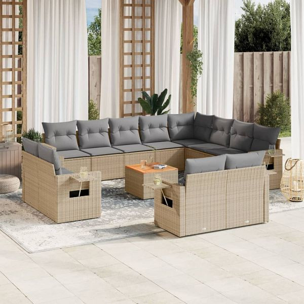 vidaXL 13-teilig Garten-Sofagarnitur mit Kissen Beige Poly Rattan, 3257165