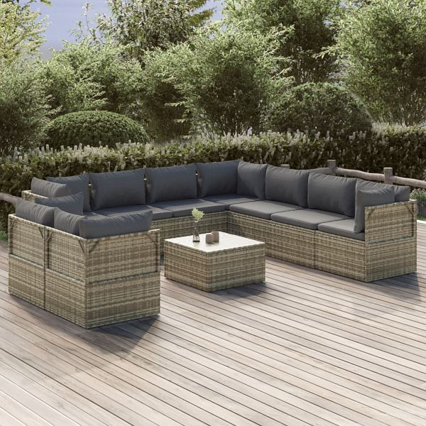 vidaXL 10-teilig Garten-Lounge-Set mit Kissen Grau Poly Rattan, 3157451