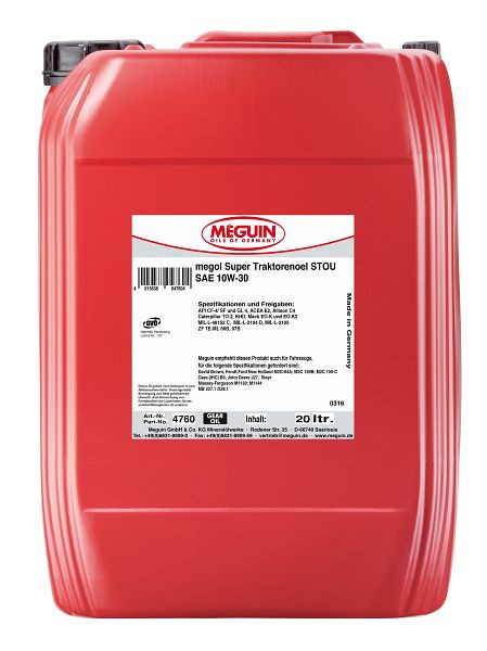 Meguin megol Super Traktorenöl STOU SAE 10W-30, Kanister Kunststoff, VE: 20 Liter, 4760