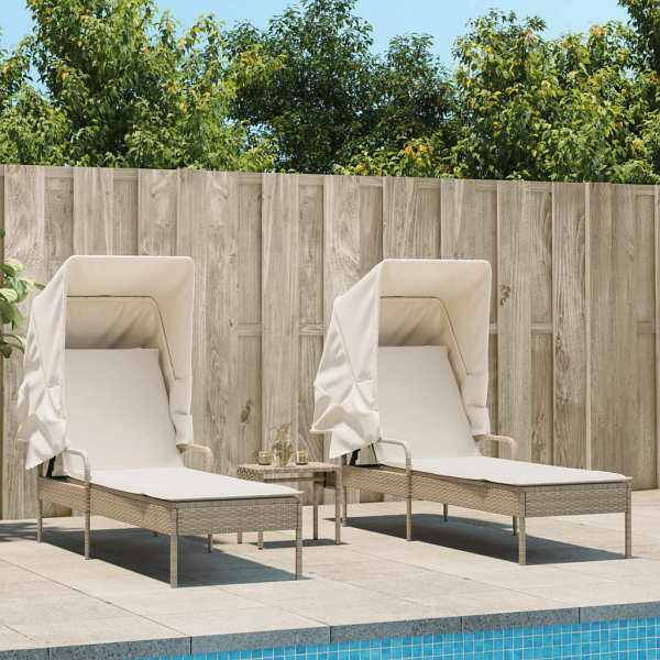 vidaXL Sonnenliegen 2 Stück mit Dach und Tisch Beige Poly Rattan, UV-beständig, 3261573