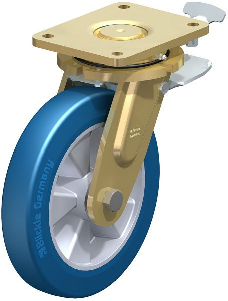 Blickle LS-ALBS 250K-ST-RI4 Stahlgeschweißte Schwerlast-Lenkrolle, schwere Drehkranz-Ausführung mit Feststeller, Blickle Besthane® Soft, Blau, 761417