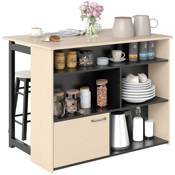 HOMCOM 3-tlg. Barset, Bartisch mit klappbarer Tischplatte, 2 Barhocker, 6 Staufächer, schwarz+Eiche, 116 x 70 x 89,5 cm, 835-949V91BK