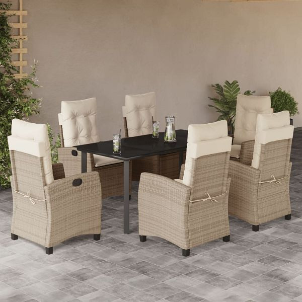 vidaXL 7-teilig Garten-Essgruppe mit Kissen Beige Poly Rattan, 3212817
