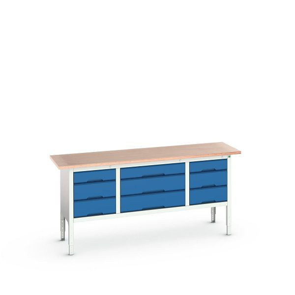bott verso Kastenwerkbank (Multiplex-Platte) mit 9 Schubladen, BxTxH: 2000 x 600 x 830 - 930 mm, Lichtgrau / Enzianblau, 16923033.11