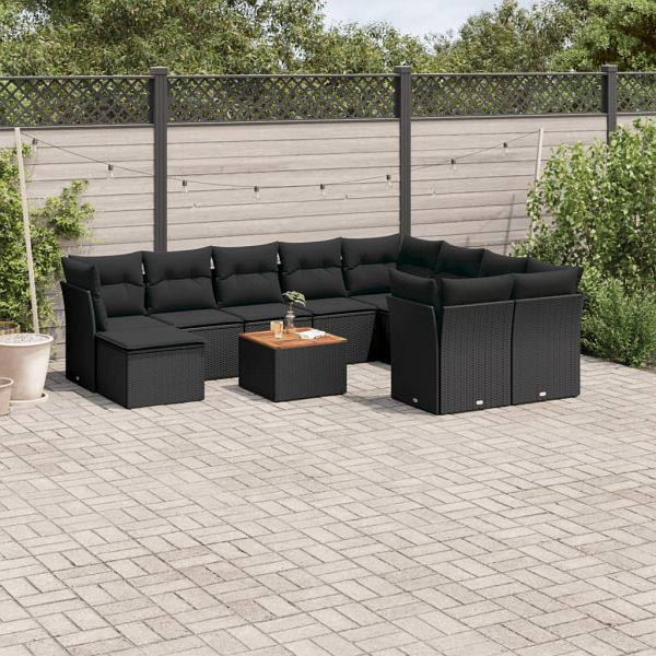 vidaXL 11-teilig Garten-Sofagarnitur mit Kissen Schwarz Poly Rattan, 3256300
