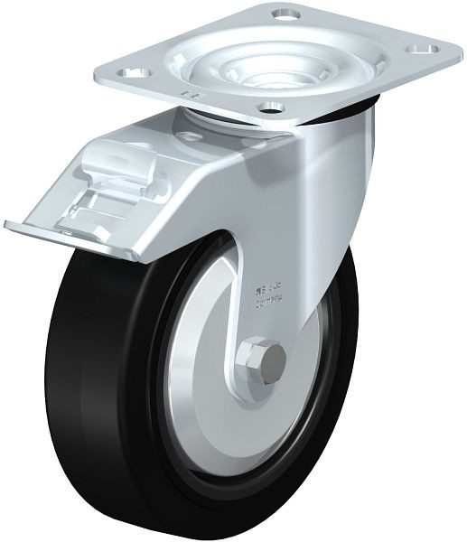 Blickle LE-POEV 125XR-FI-FA Stahlblech-Lenkrolle mit Anschraubplatte & Feststeller, Elastik-Vollgummi, Schwarz, 850122