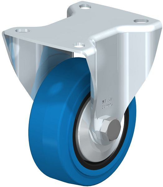 Blickle BK-POEV 100KD-1-SB-FA Stahlblech-Bockrolle, schwere Ausführung, mit Anschraubplatte, Elastik-Vollgummi, Blau, 851388