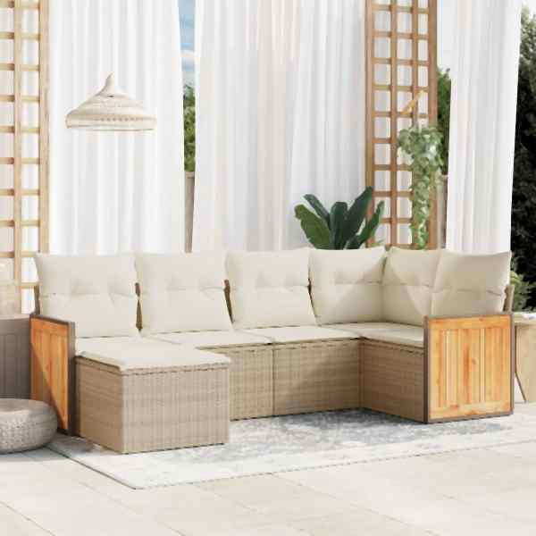 vidaXL 6-tlg. Garten-Sofagarnitur mit Kissen Beige Poly Rattan, UV-beständig, 3260259