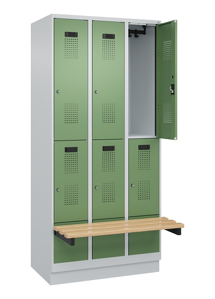 C+P Doppelstock-Spind Evolo PLUS, Bank, 6 Fächer, 1950x900x815mm, 7035/6011, Zylinderschloss, Sitzfläche Buche-Hartholz, mit Sockel, 049340-30 S10037