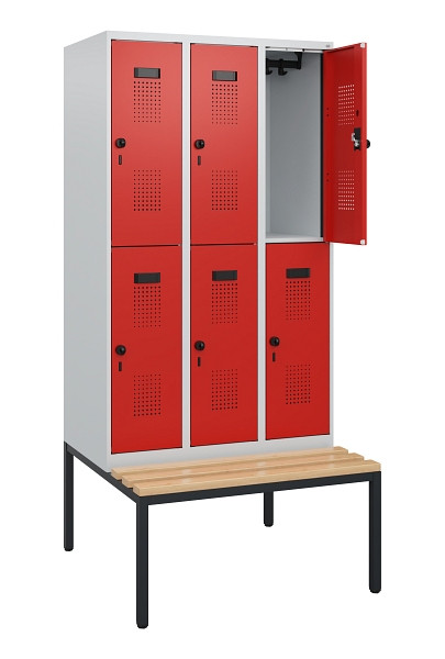 C+P Doppelstöckiger Spind Evolo PLUS, Bank, 6 Fächer, 1950x900x815mm, 7035/3020, Drehriegel, Sitzfläche Buche-Hartholz, Sitzbank, 0493505-30 S10005