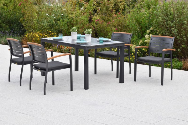 Merxx Tinos Set 9-teilig, 4 Tinos Stapelsessel, 4 Kissen, grau, 1 Ausziehtisch, 150 (200) x 90 cm, Tischplatte aus Aluminium, 50985-800