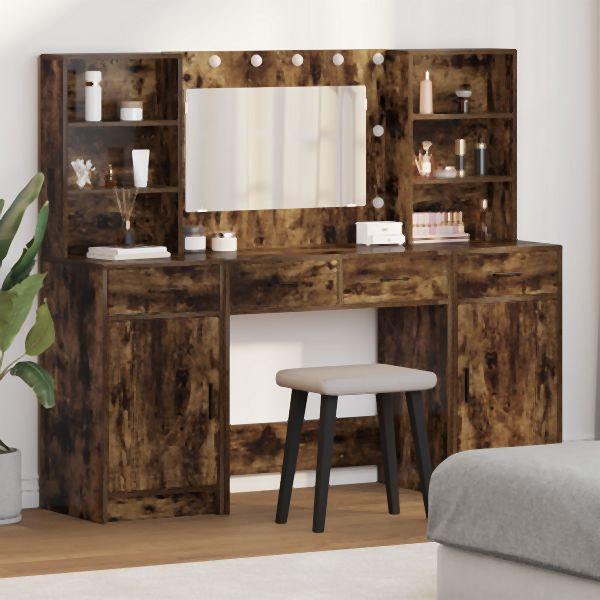 vidaXL 3-teiliges Schminktisch-Set aus rauchigem Eichenholz und beschichtetem Holz, 3334285