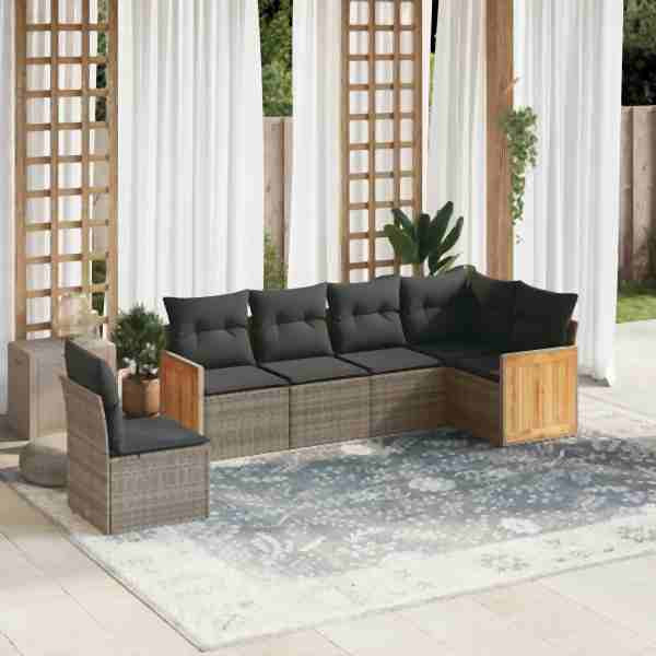 vidaXL 6-tlg. Garten-Sofagarnitur mit Kissen Grau Poly Rattan, UV-beständig, 3260100