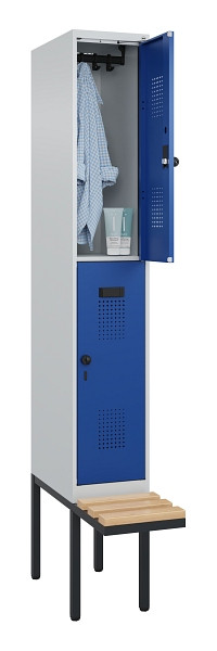 C+P Doppelstock-Spind Evolo PLUS, Bank, 2 Fächer, 2120x300x815mm, 7035/5010, Drehriegel, Sitzfläche Buche-Hartholz, 0493407-10 S10006