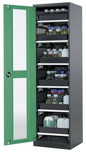 asecos Chemikalienschrank Systema-T CS-56LG, Korpus anthrazit, Flügeltüren grün, 6 Tablarauszüge, 209030