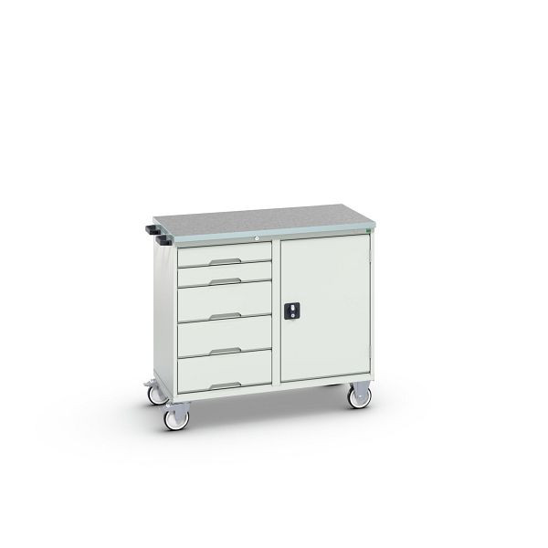 bott verso Montagewagen, mit 5 Schubladen, Tür und Linoleum-Top, BxTxH: 1050 x 600 x 980 mm, Lichtgrau / Lichtgrau, 16927120.16