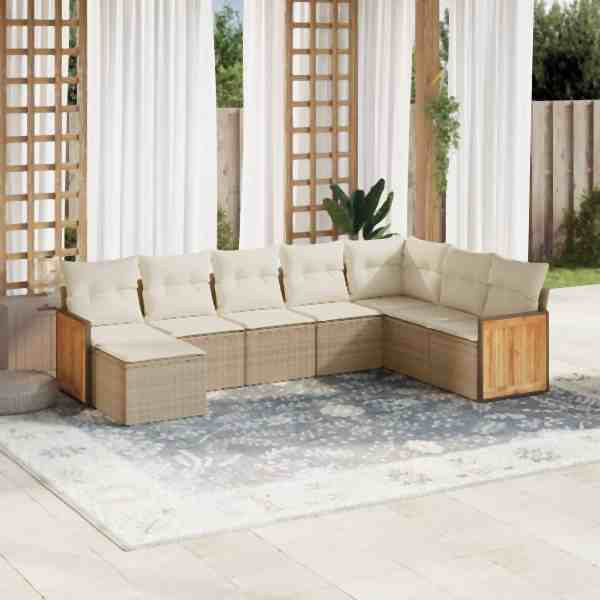 vidaXL 8-tlg. Garten-Sofagarnitur mit Kissen Beige Poly Rattan, UV-beständig, 3260329