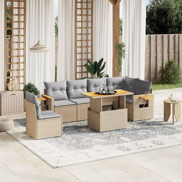vidaXL 7-teilig Garten-Sofagarnitur mit Kissen Beige Poly Rattan, 3273544
