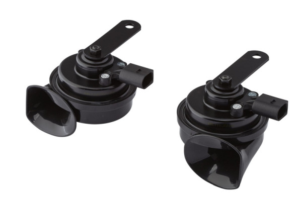 HELLA Fanfare, TE16S, 12V, 110dB(A), Frequenzbereich: 400/500Hz, elektrisch, Gehäusefarbe: schwarz, Stecker: Audi/Porsche/VW, Satz, 3FH 012 010-021