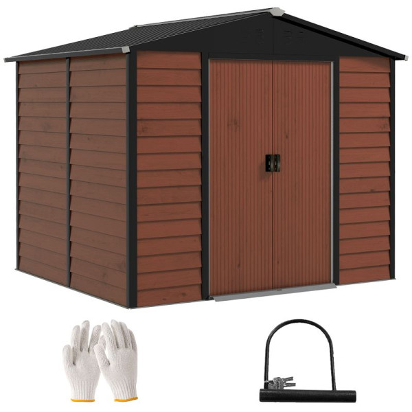 Outsunny Geräteschuppen aus Metall, wetterfest & rostfrei, abschließbar, 2,40 x 2,06 x 1,98 m, Teak, 845-857V00TK
