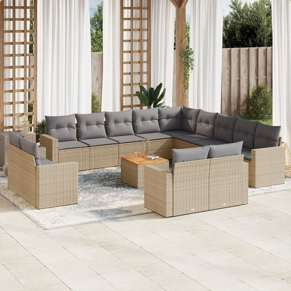vidaXL 14-teilig Garten-Sofagarnitur mit Kissen Beige Poly Rattan, 3224400