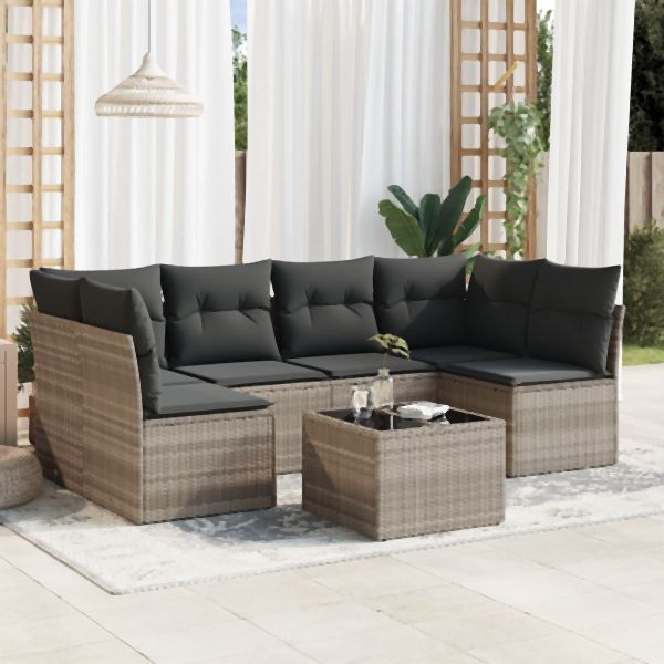 vidaXL 7-tlg. Garten-Sofagarnitur mit Kissen Hellgrau Poly Rattan, 3249241